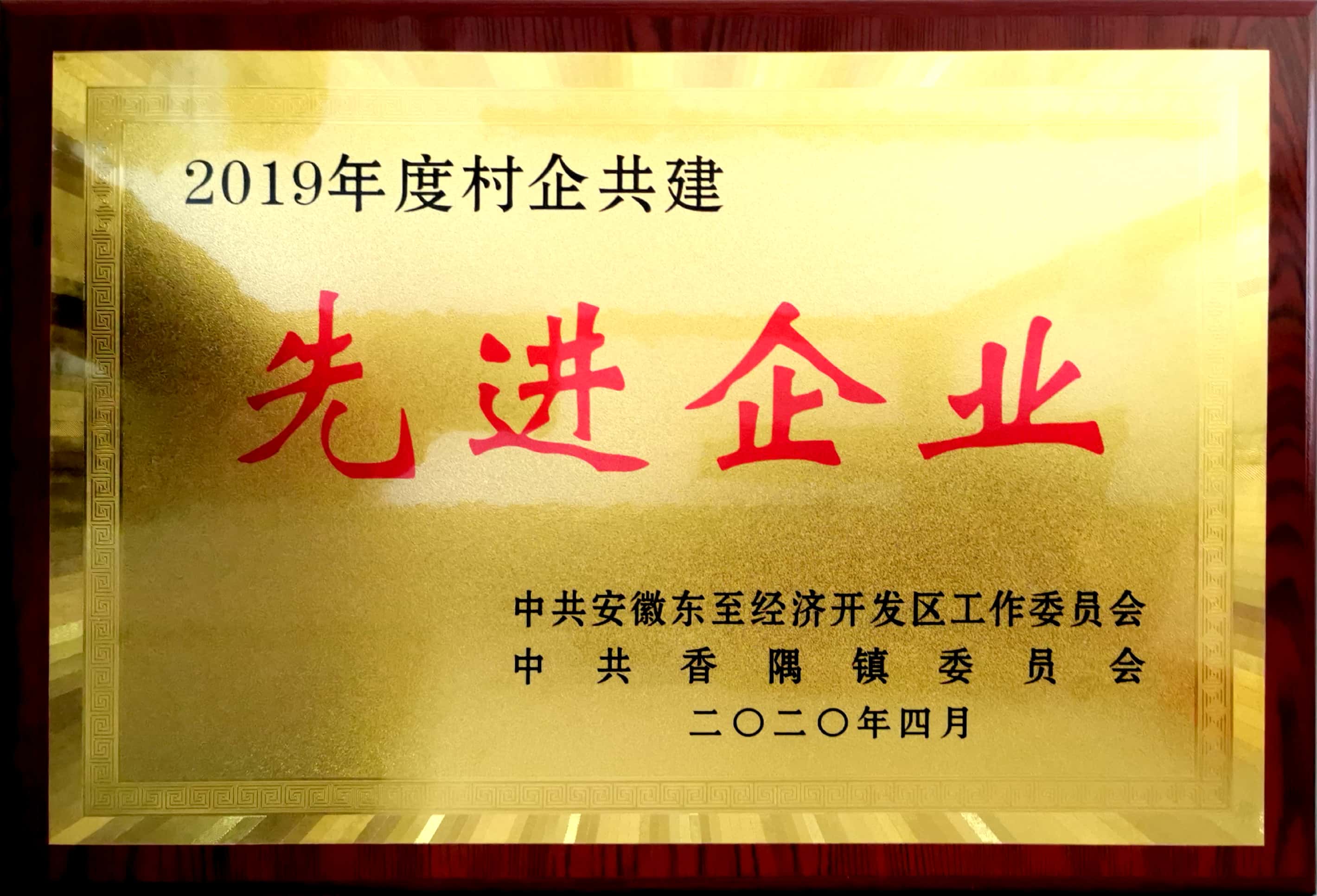 祝贺嘉智信诺荣获东至经济开发区、香隅镇委员会“2019年度村企共建先进企业”